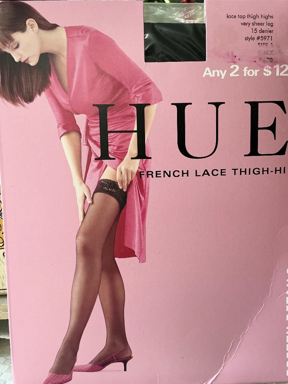 HUE French Thigh High Lace Top Stockings Hosiery Sz 1 Black